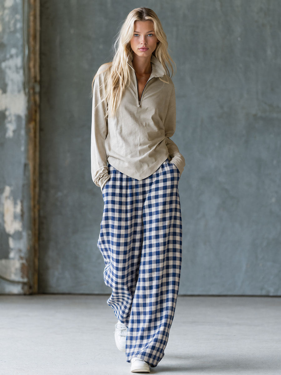 Casual Retro Light Khaki Stand-up Collar Cotton T-shirt And Blue Plaid Pants Set