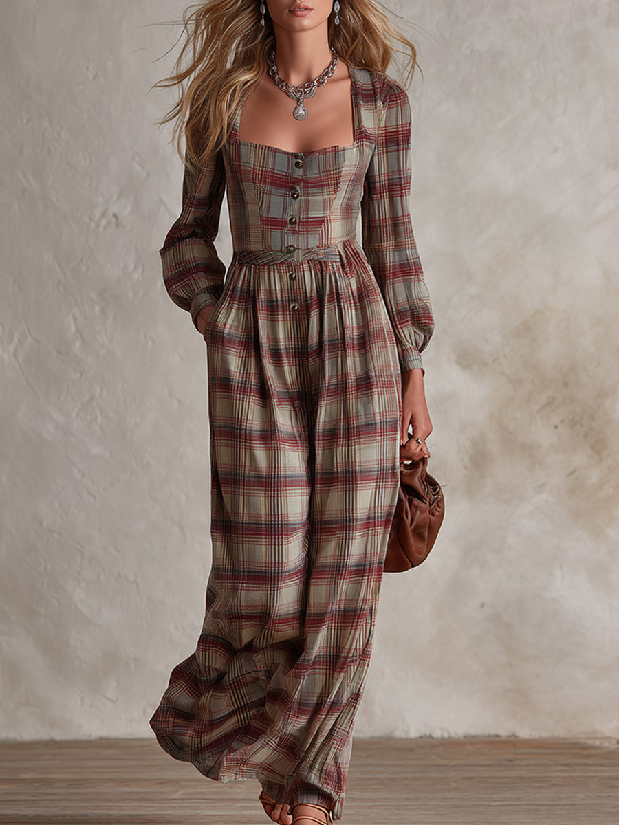 Vintage-style Elegant Reddish-brown Plaid Square-neck Long-sleeve Jumpsuit