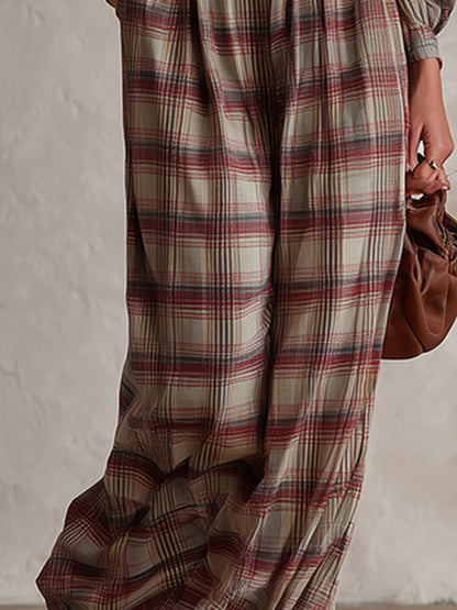 Vintage-style Elegant Reddish-brown Plaid Square-neck Long-sleeve Jumpsuit