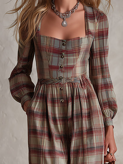 Vintage-style Elegant Reddish-brown Plaid Square-neck Long-sleeve Jumpsuit