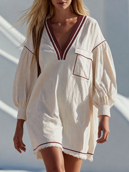 Casual Retro Color-blocked Trim White V-neck Long-sleeved Pure Cotton Mini Dress