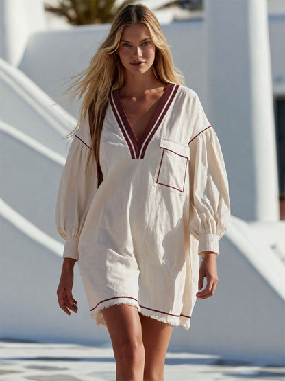 Casual Retro Color-blocked Trim White V-neck Long-sleeved Pure Cotton Mini Dress