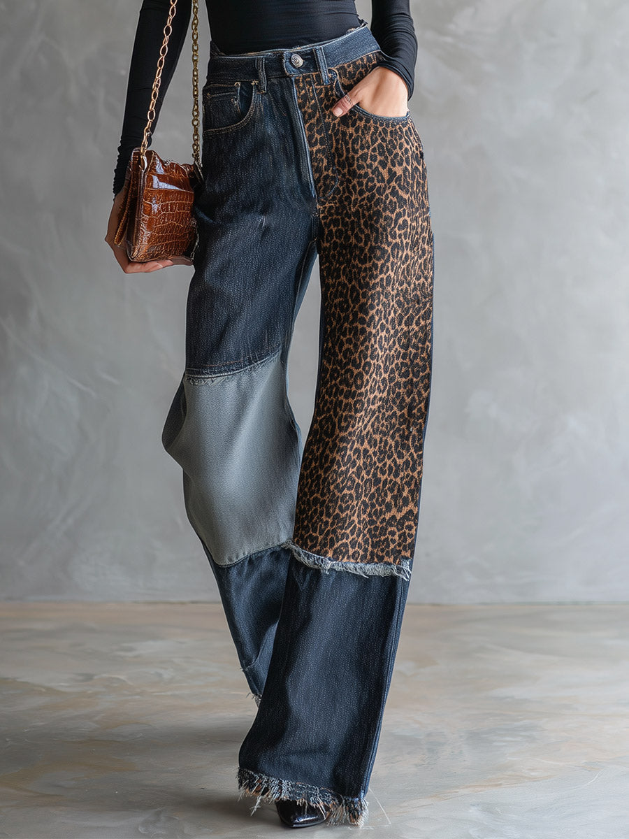 Retro Versatile Color-block Leopard Print  Blue Straight-leg Jeans