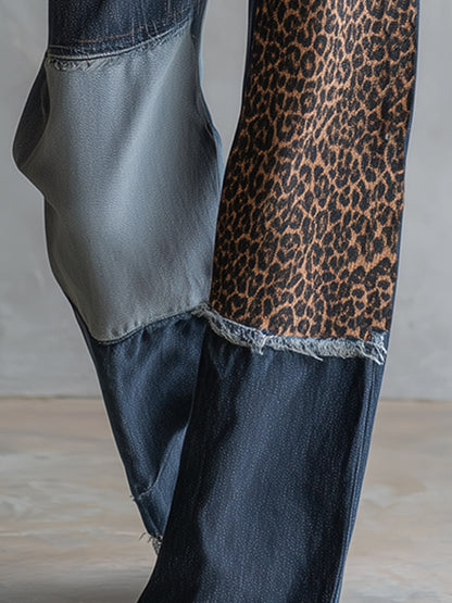 Retro Versatile Color-block Leopard Print  Blue Straight-leg Jeans