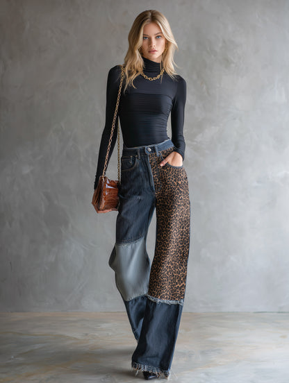 Retro Versatile Color-block Leopard Print  Blue Straight-leg Jeans