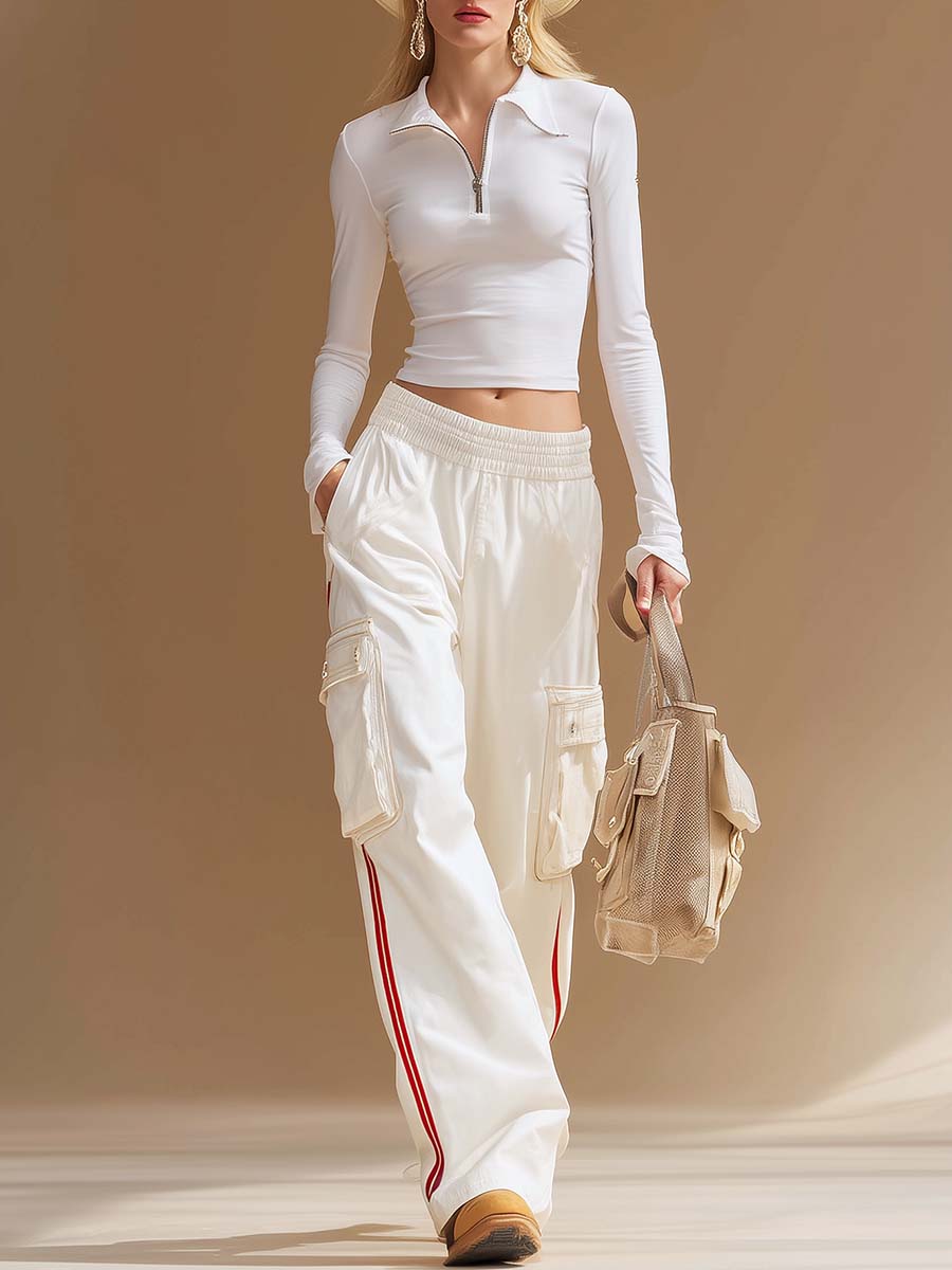 Sporty White Half-Zip Collared Long-Sleeve Crop Top And Red-Stripe Cargo Wide-Leg Pants Set