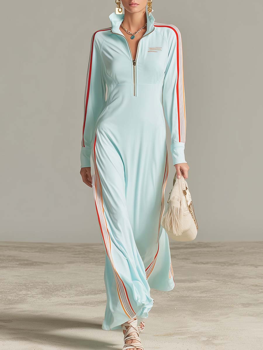 Retro Sporty Ice-Blue Half-Zip Stand-Collar Racing-Stripe Long-Sleeve Maxi Dress