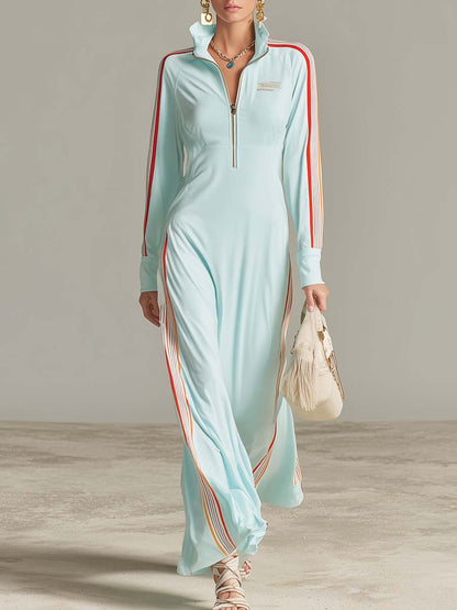 Retro Sporty Ice-Blue Half-Zip Stand-Collar Racing-Stripe Long-Sleeve Maxi Dress