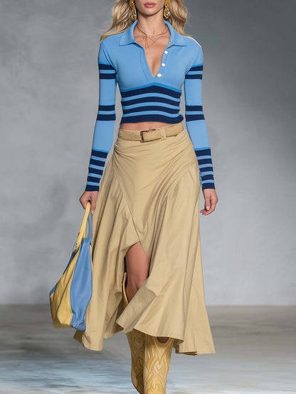Retro Blue Striped Polo Knit Top And Khaki Maxi Skirt Set
