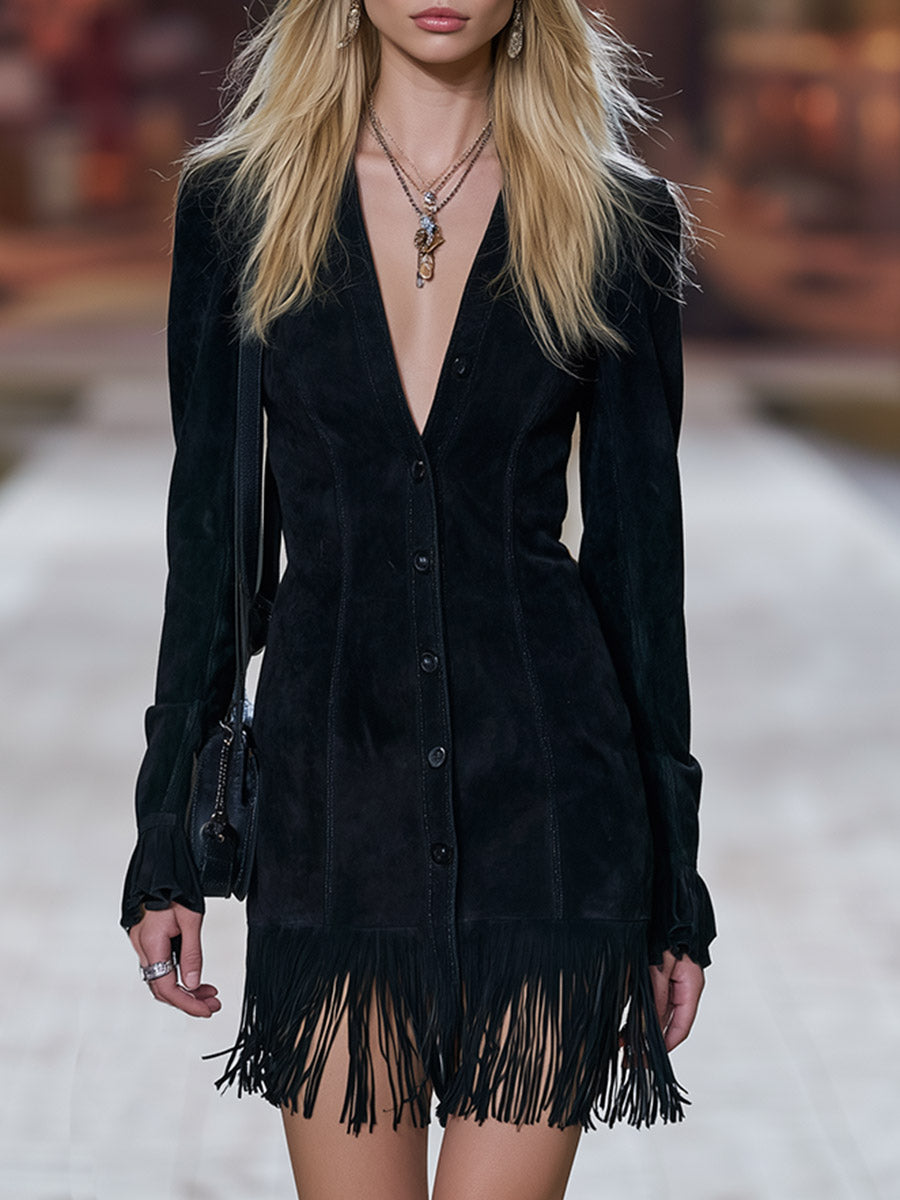 Classic Western-style Black Faux-suede Fringe Mini Dress