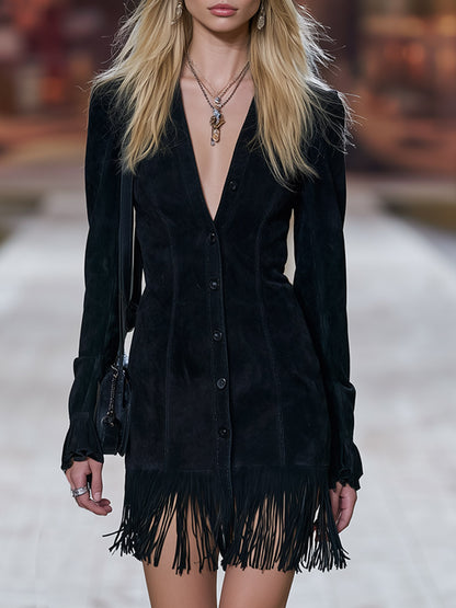 Classic Western-style Black Faux-suede Fringe Mini Dress