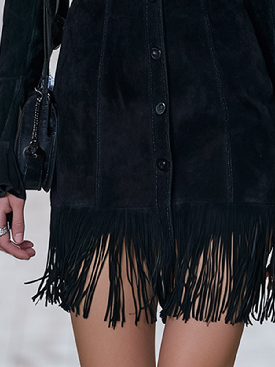 Classic Western-style Black Faux-suede Fringe Mini Dress