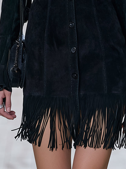 Classic Western-style Black Faux-suede Fringe Mini Dress