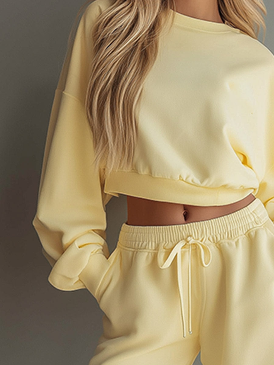 Casual Minimalist Pale Yellow Cropped Sweatshirt And Pant Set