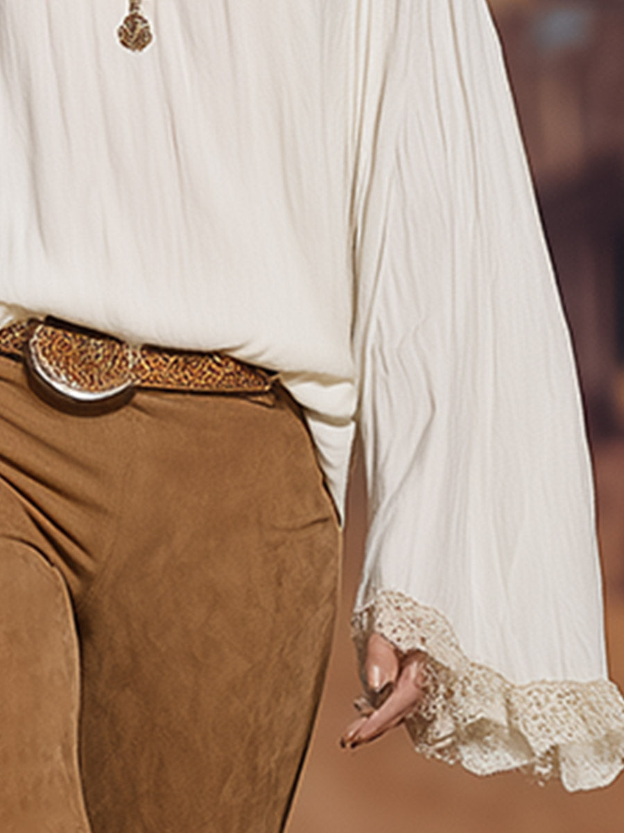 Versatile Vintage-style Lace &amp; Off-white Chiffon Off-shoulder Long-sleeve Shirt