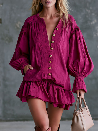 Vintage Rose Red Long-sleeved Button-down Ruffle Mini Dress