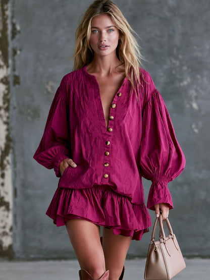 Vintage Rose Red Long-sleeved Button-down Ruffle Mini Dress