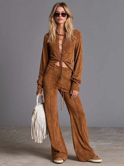 Western Boho Tan Faux-Suede Lace-Up Top And Wide-Leg Pants Set
