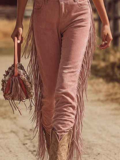 Western Retro Pink Tassel Faux Suede Overalls