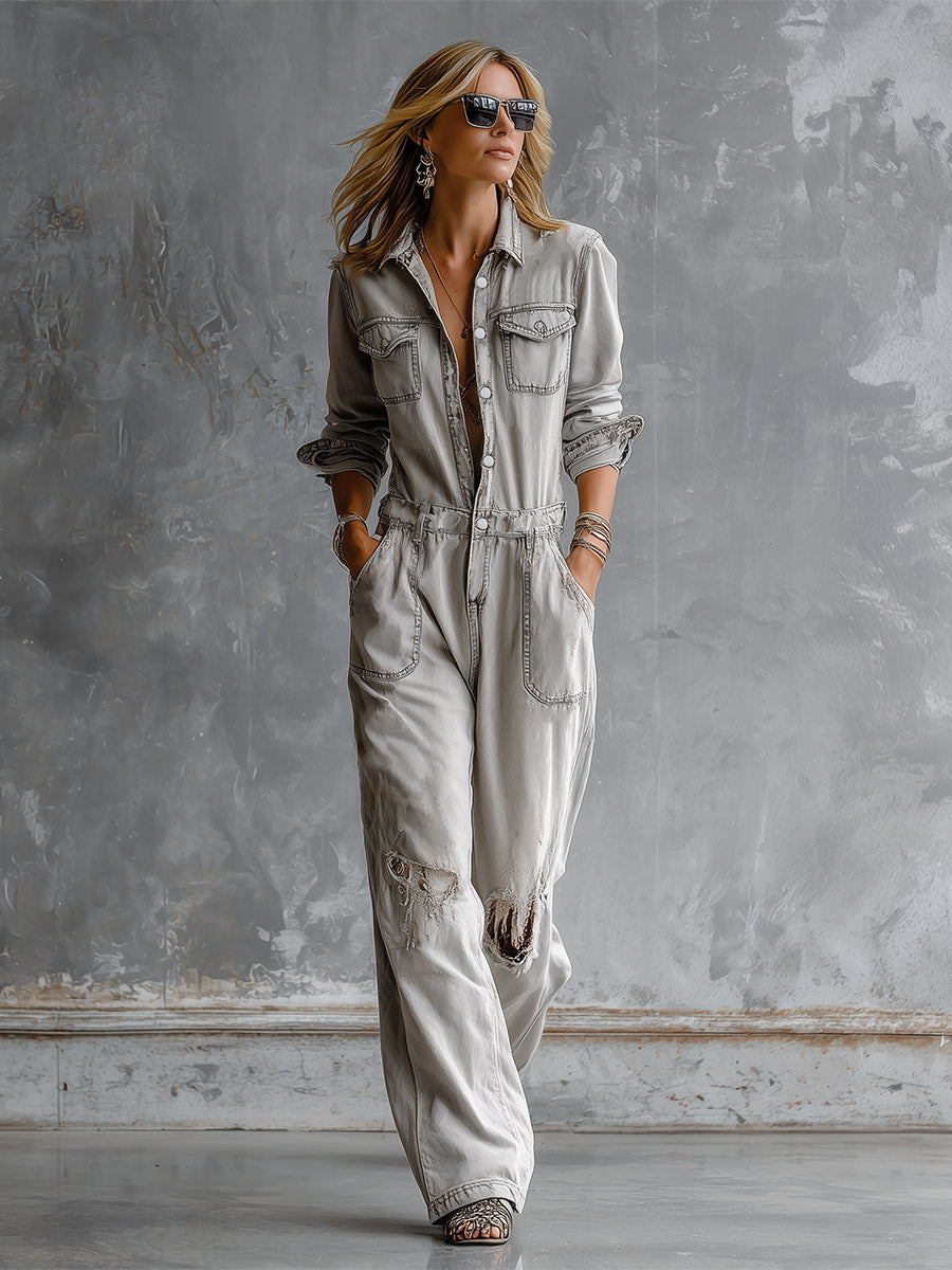 Chic And Casual Light Grey Distressed Ripped Denim Jumpsuit