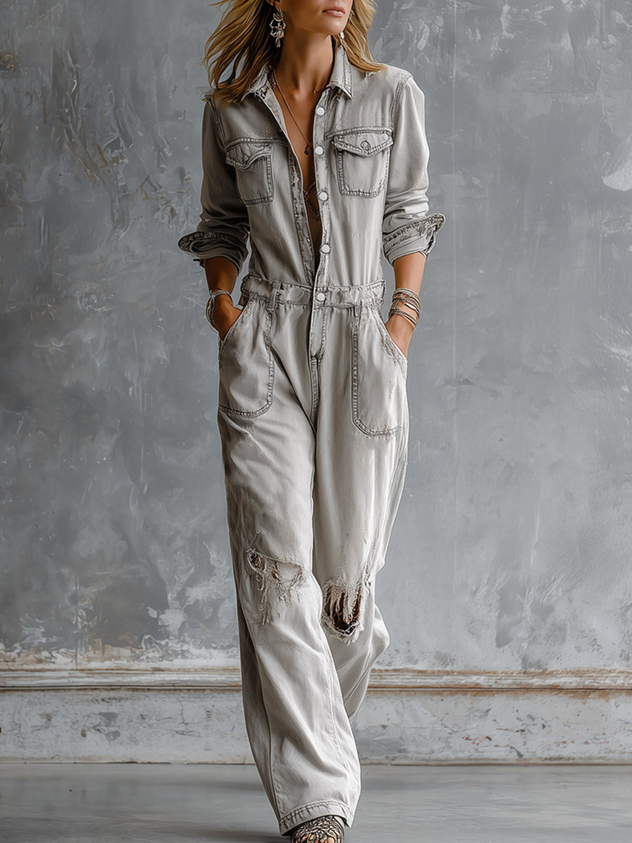 Chic And Casual Light Grey Distressed Ripped Denim Jumpsuit