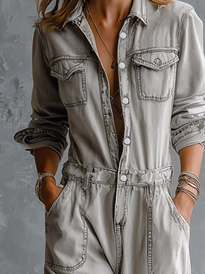 Chic And Casual Light Grey Distressed Ripped Denim Jumpsuit