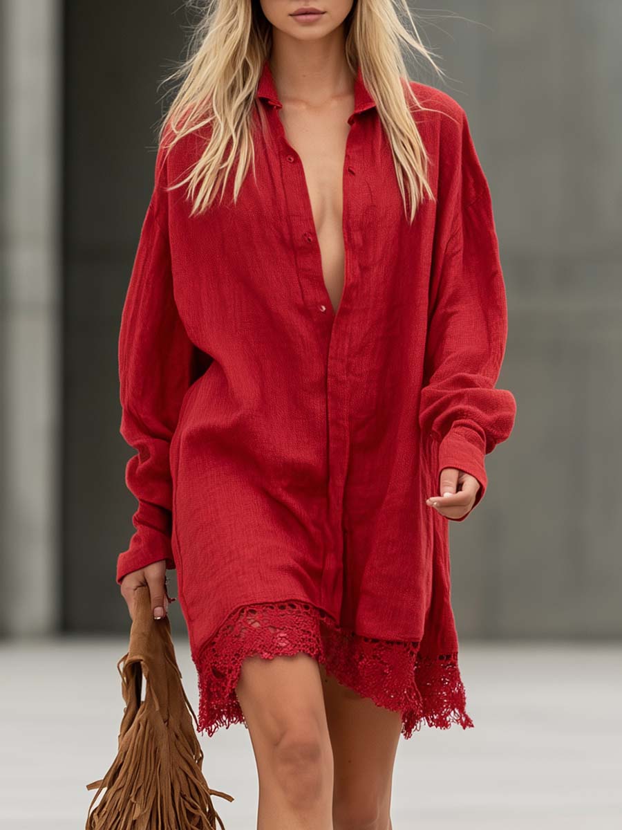 Boho Red Cotton-Linen Crochet-Lace Hem Button-Front Shirt Mini Dress