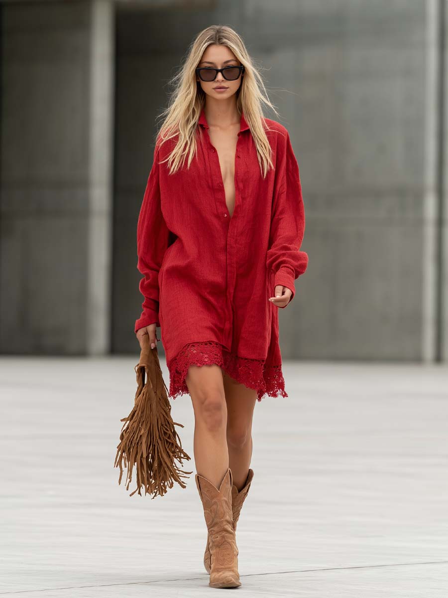 Boho Red Cotton-Linen Crochet-Lace Hem Button-Front Shirt Mini Dress