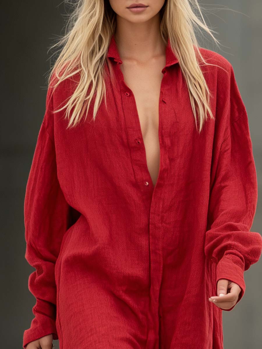 Boho Red Cotton-Linen Crochet-Lace Hem Button-Front Shirt Mini Dress