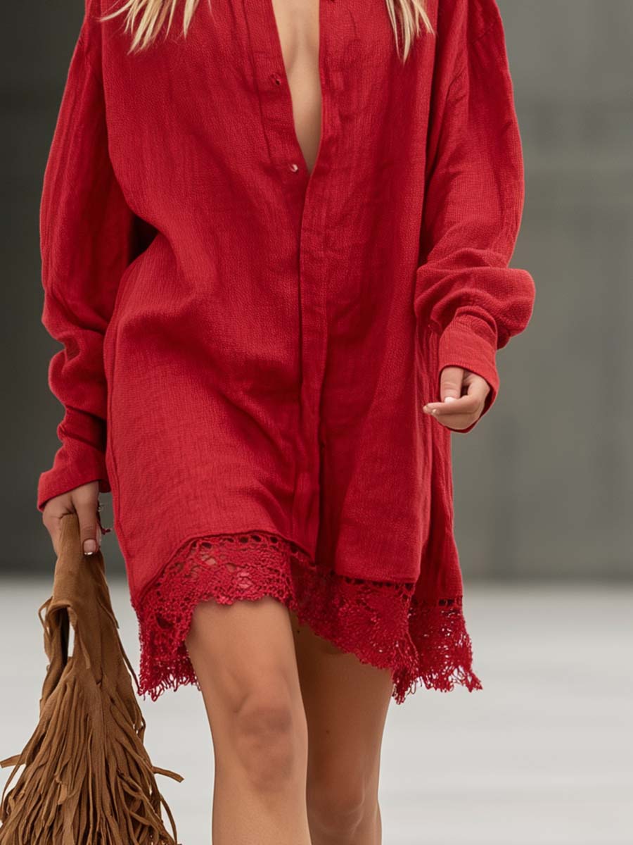 Boho Red Cotton-Linen Crochet-Lace Hem Button-Front Shirt Mini Dress