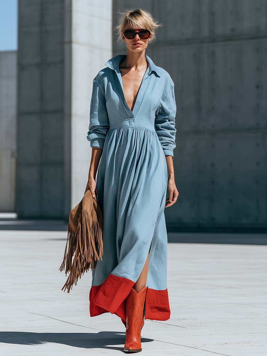 Retro Blue Cotton-Linen Color-Block Hem V-Neck Long-Sleeve Silt Maxi Dress