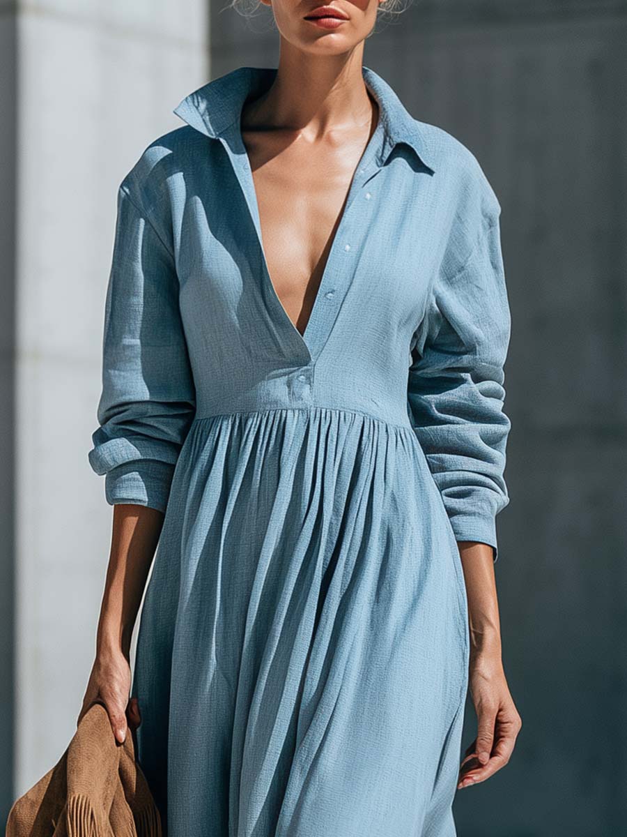 Retro Blue Cotton-Linen Color-Block Hem V-Neck Long-Sleeve Silt Maxi Dress
