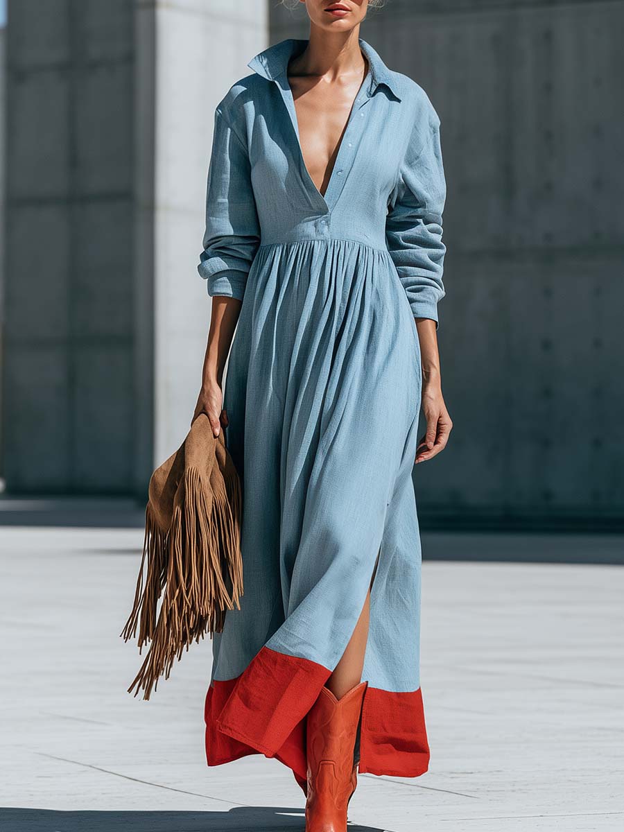 Retro Blue Cotton-Linen Color-Block Hem V-Neck Long-Sleeve Silt Maxi Dress