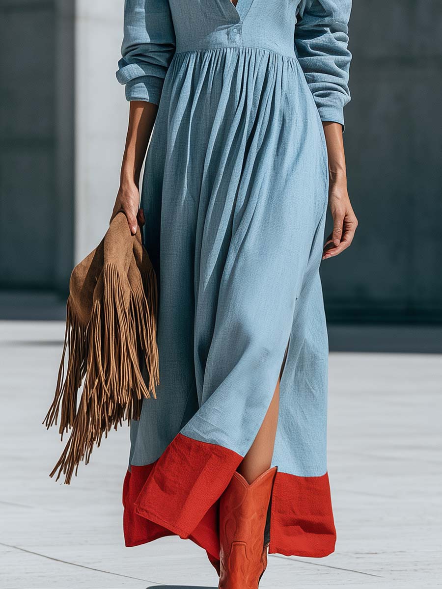Retro Blue Cotton-Linen Color-Block Hem V-Neck Long-Sleeve Silt Maxi Dress