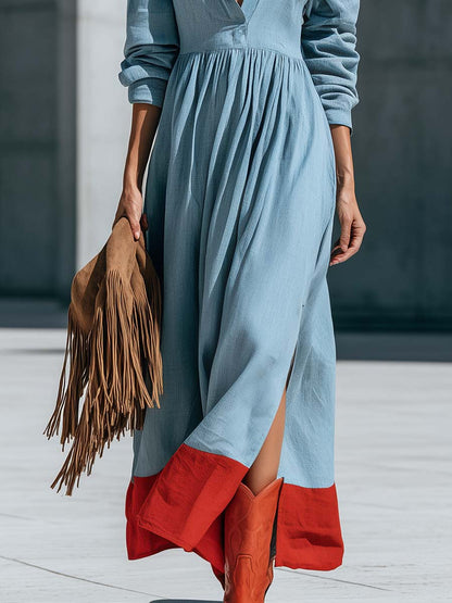 Retro Blue Cotton-Linen Color-Block Hem V-Neck Long-Sleeve Silt Maxi Dress