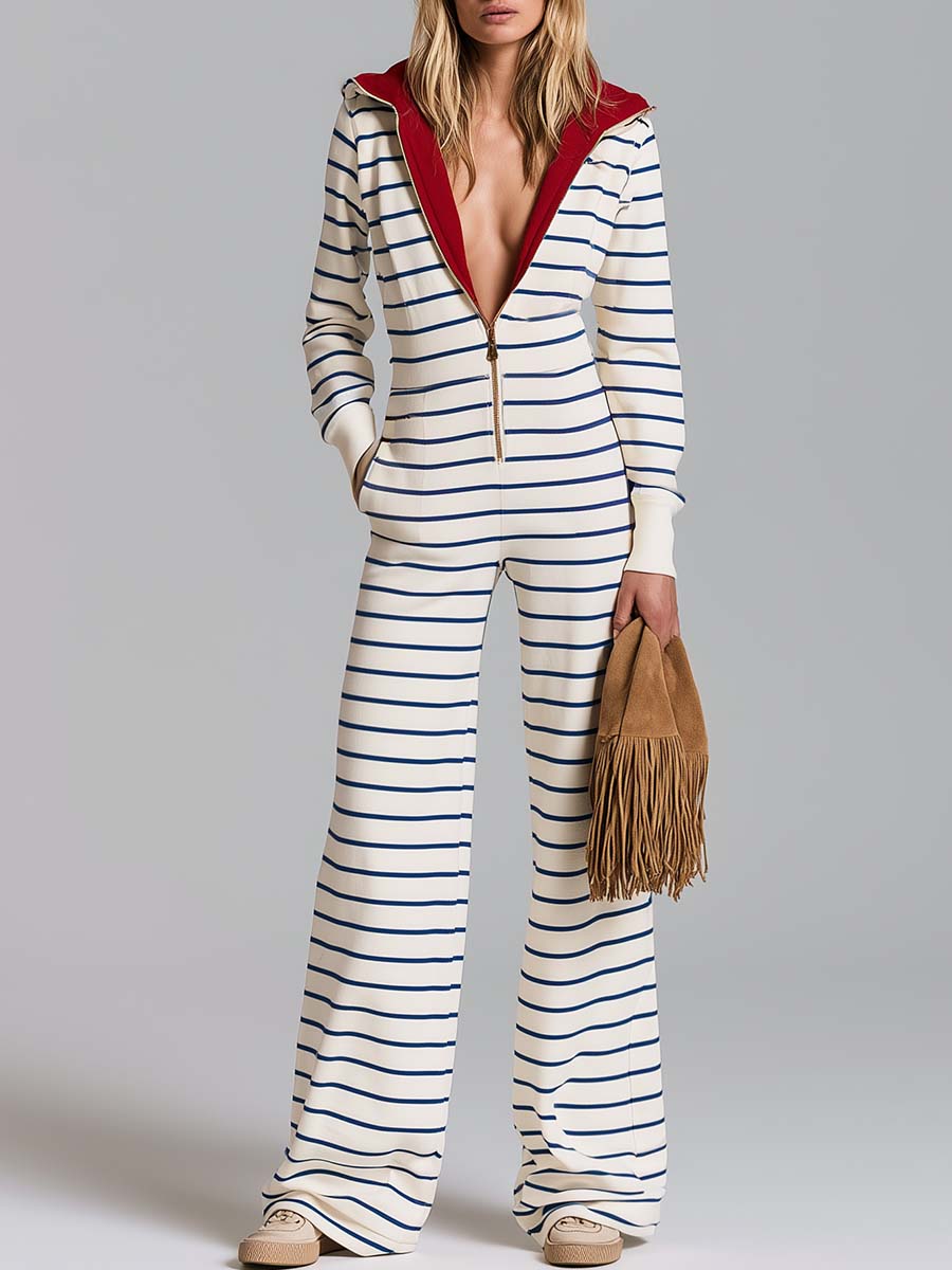 Retro Nautical Striped Hooded Zip-Up Wide-Leg Jumpsuit