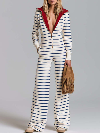 Retro Nautical Striped Hooded Zip-Up Wide-Leg Jumpsuit