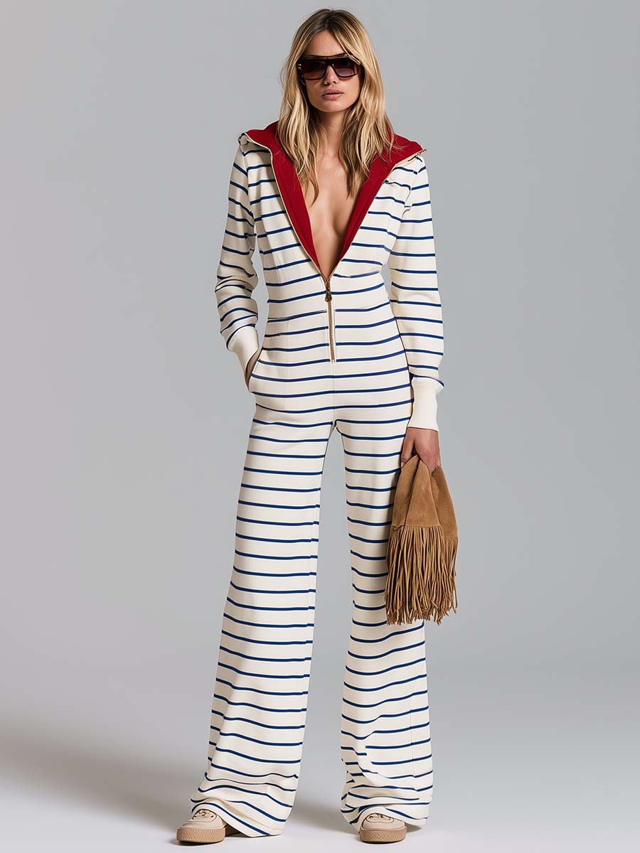 Retro Nautical Striped Hooded Zip-Up Wide-Leg Jumpsuit