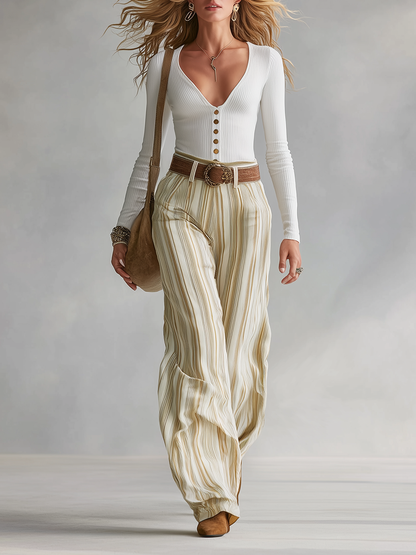 Vintage-style Elegant Western-inspired Cotton Base Layer And Printed Striped Trousers Set