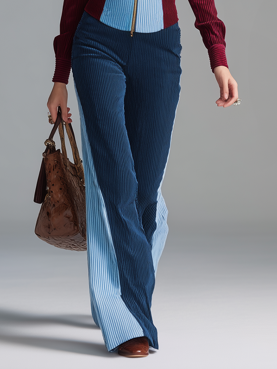 Retro-casual Elegant Red And Blue Corduroy Matching Set