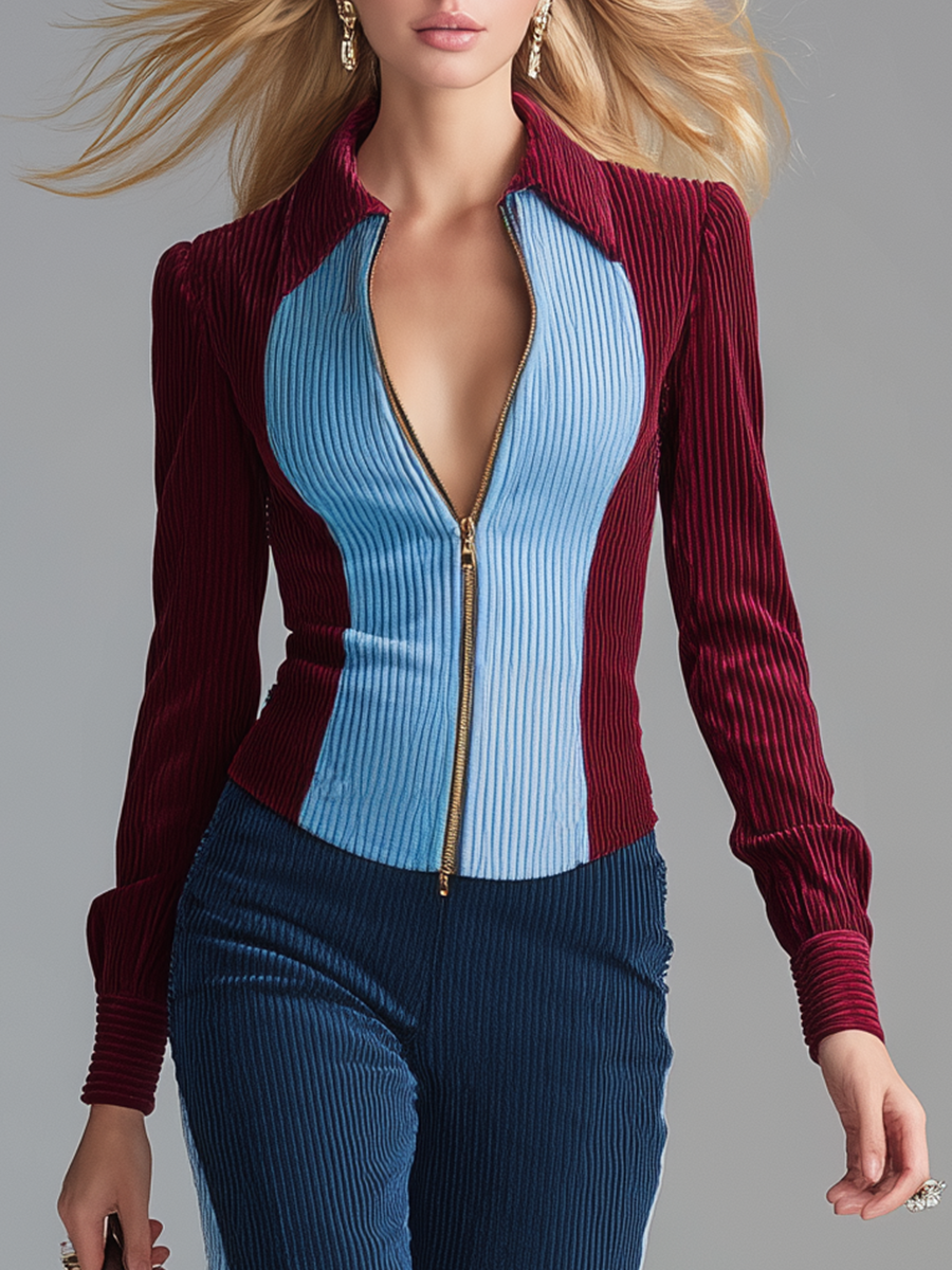 Retro-casual Elegant Red And Blue Corduroy Matching Set