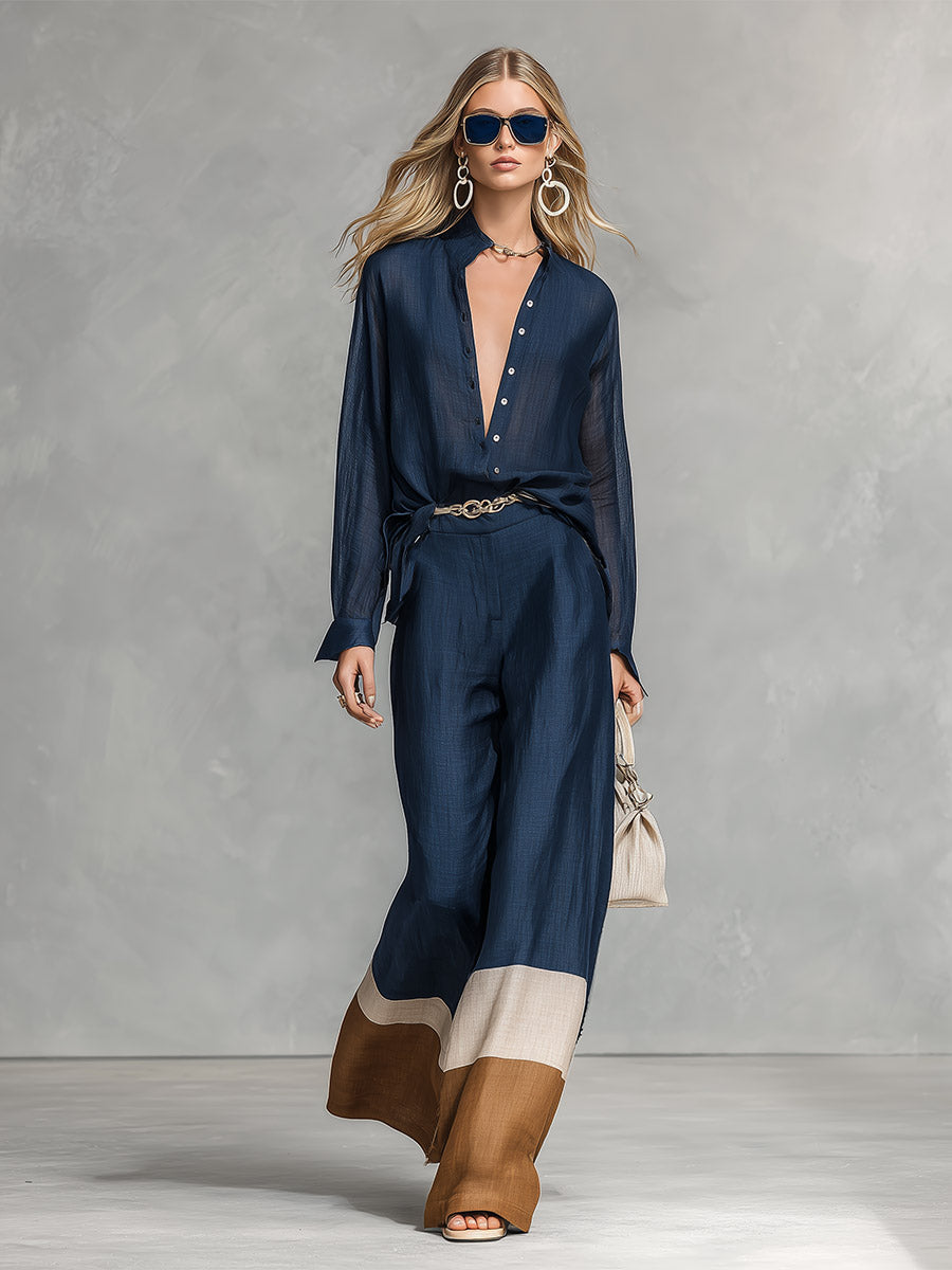 Elegant Minimalist Color-Block Navy Cotton-Linen Shirt And Wide-Leg Pants Set