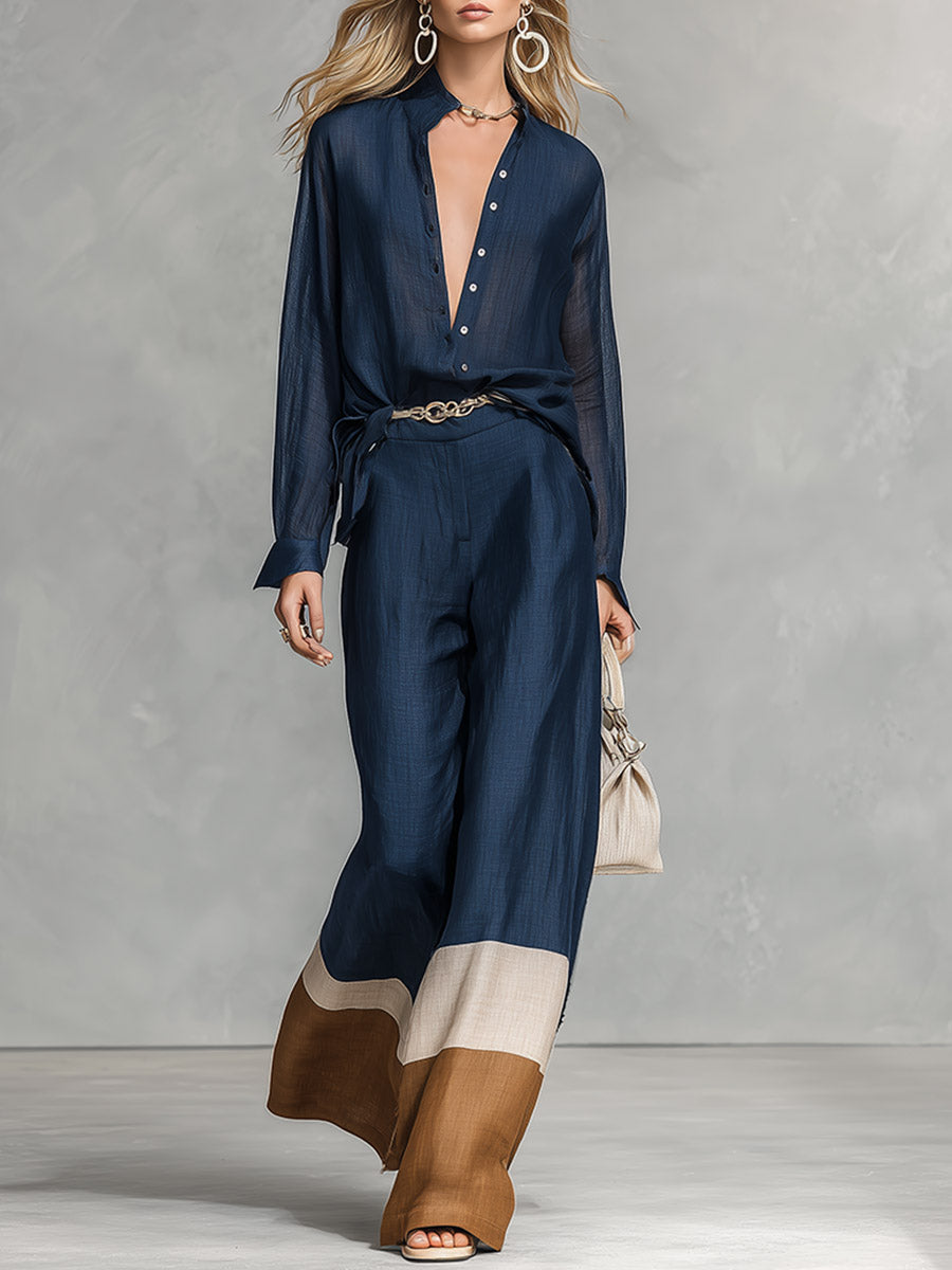 Elegant Minimalist Color-Block Navy Cotton-Linen Shirt And Wide-Leg Pants Set