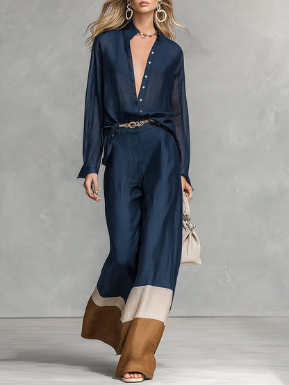 Elegant Minimalist Color-Block Navy Cotton-Linen Shirt And Wide-Leg Pants Set