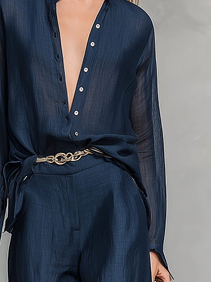 Elegant Minimalist Color-Block Navy Cotton-Linen Shirt And Wide-Leg Pants Set