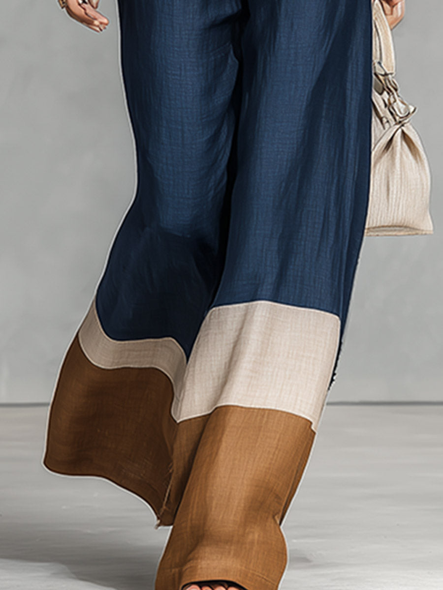Elegant Minimalist Color-Block Navy Cotton-Linen Shirt And Wide-Leg Pants Set