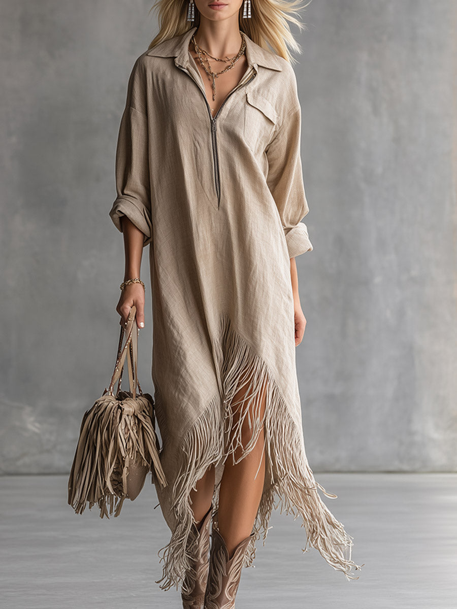 Minimalist Casual Khaki Collared Tassel Cotton-Linen Long-Sleeve Maxi Dress