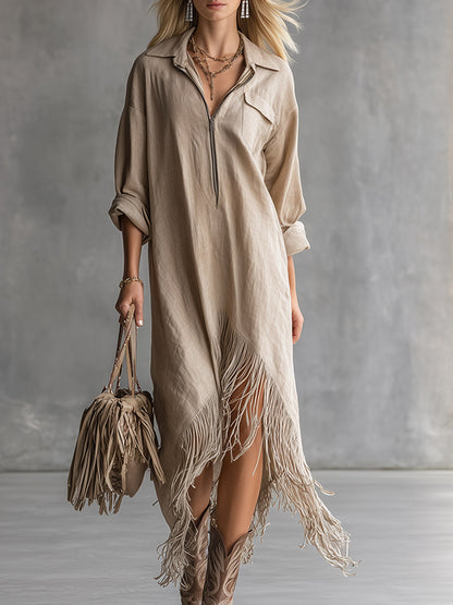 Minimalist Casual Khaki Collared Tassel Cotton-Linen Long-Sleeve Maxi Dress