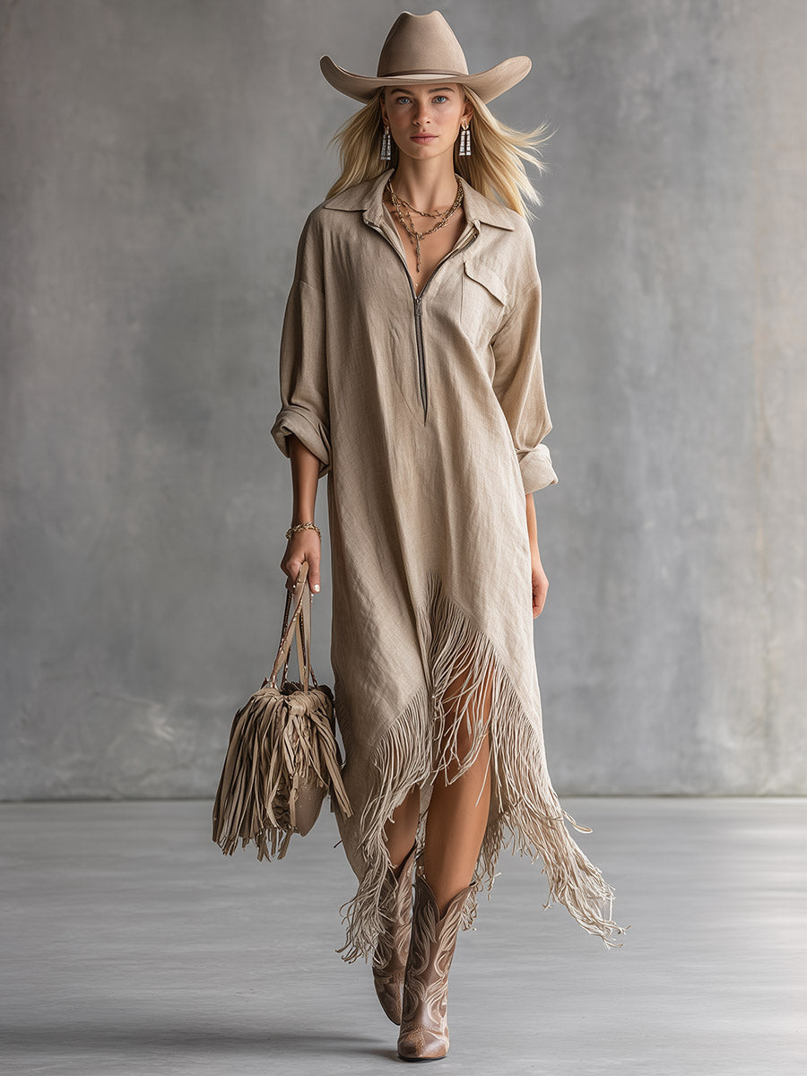 Minimalist Casual Khaki Collared Tassel Cotton-Linen Long-Sleeve Maxi Dress