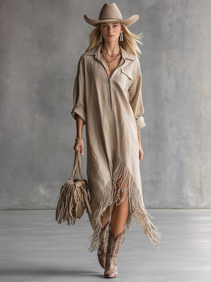 Minimalist Casual Khaki Collared Tassel Cotton-Linen Long-Sleeve Maxi Dress